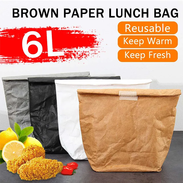 6L Brown Paper Reusable Durable Insulated Thermal Kraft Paper Tyvek Lunch Bag