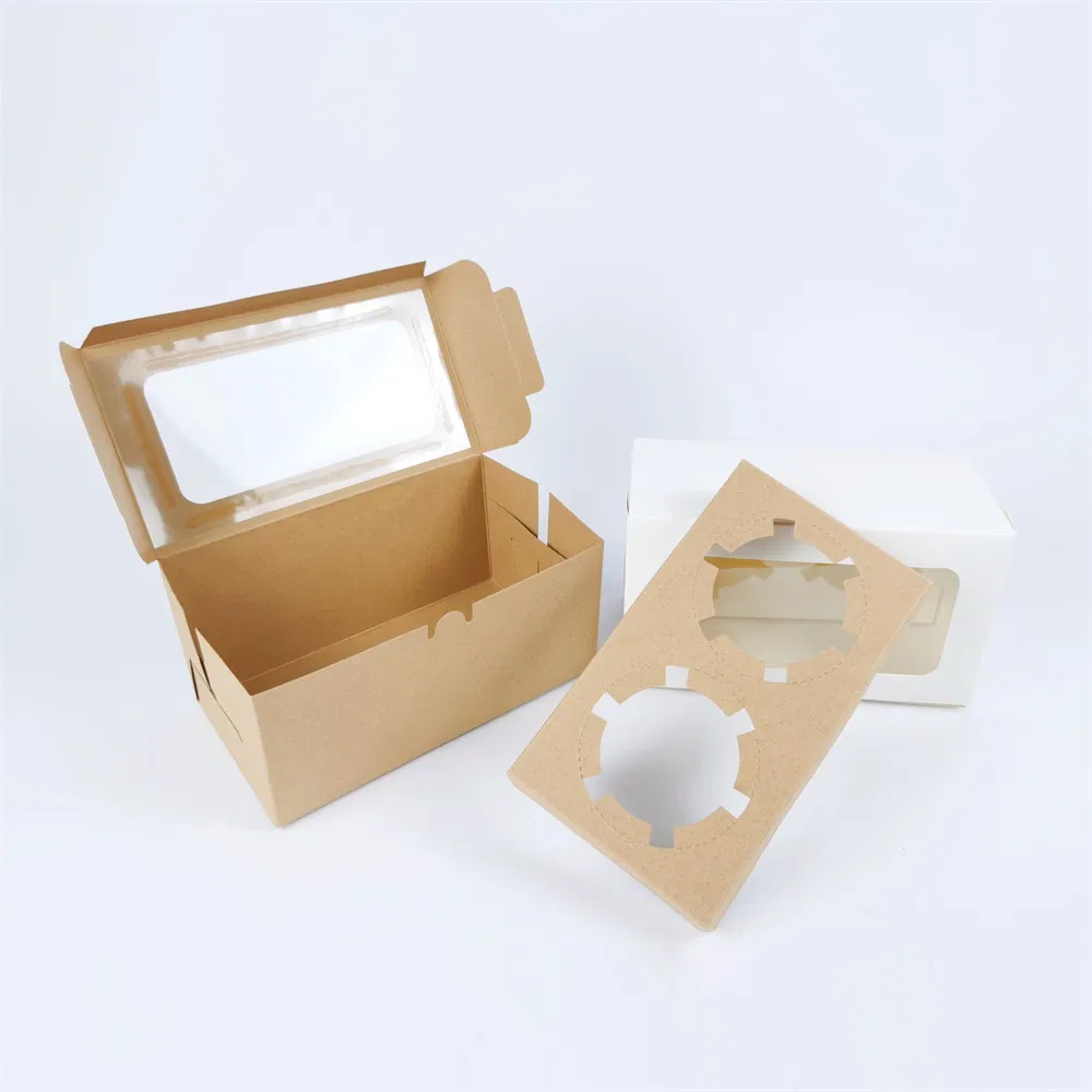 Custom Kraft Paper Box with Clear Window of 2 Cup Cake Recycle Paper Board Cardboard Gift Packaging Boxes