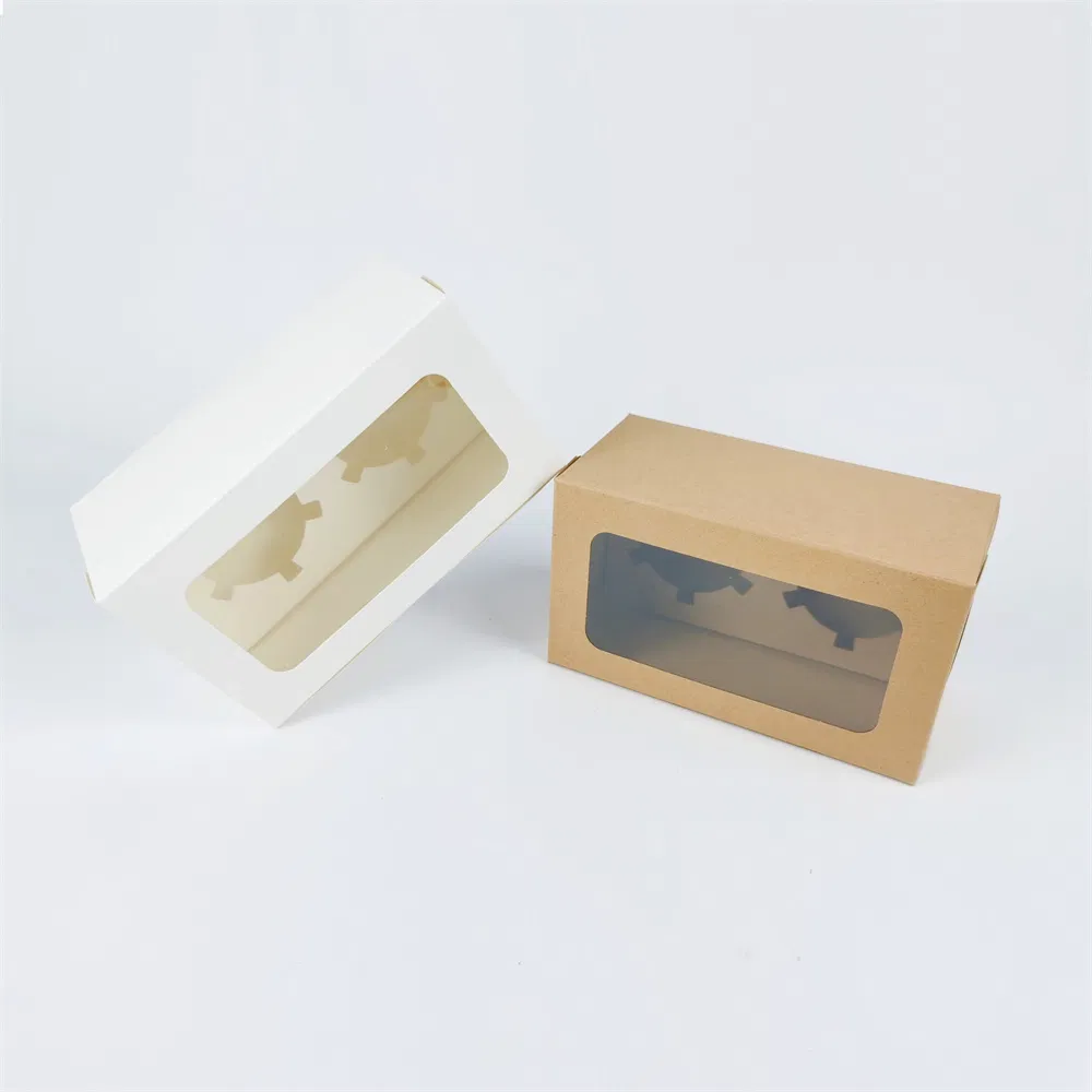 Custom Kraft Paper Box with Clear Window of 2 Cup Cake Recycle Paper Board Cardboard Gift Packaging Boxes