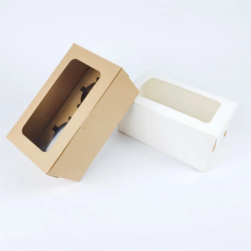 Custom Kraft Paper Box with Clear Window of 2 Cup Cake Recycle Paper Board Cardboard Gift Packaging Boxes