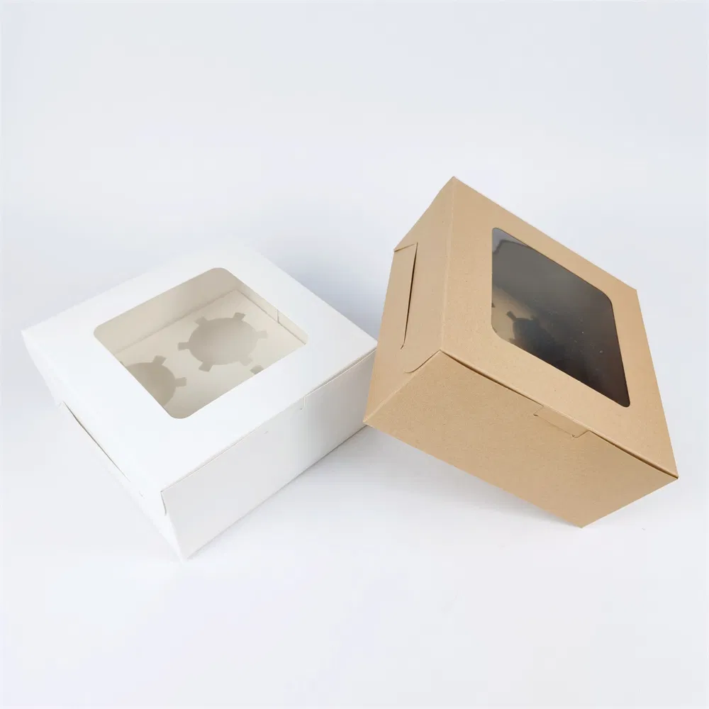 Custom Kraft Paper Box with Clear Window Recycle Paper Board Cardboard Gift Packaging Boxes Bakery for 4 Cup Cake