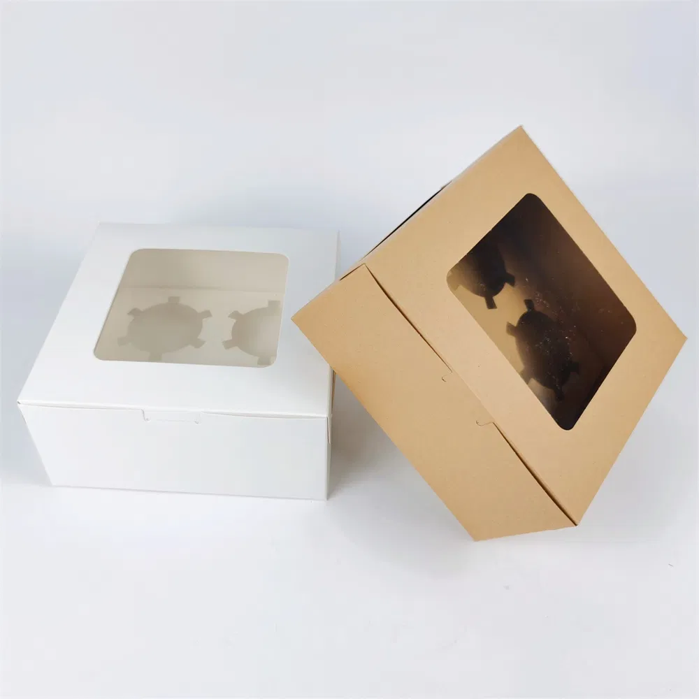 Custom Kraft Paper Box with Clear Window Recycle Paper Board Cardboard Gift Packaging Boxes Bakery for 4 Cup Cake