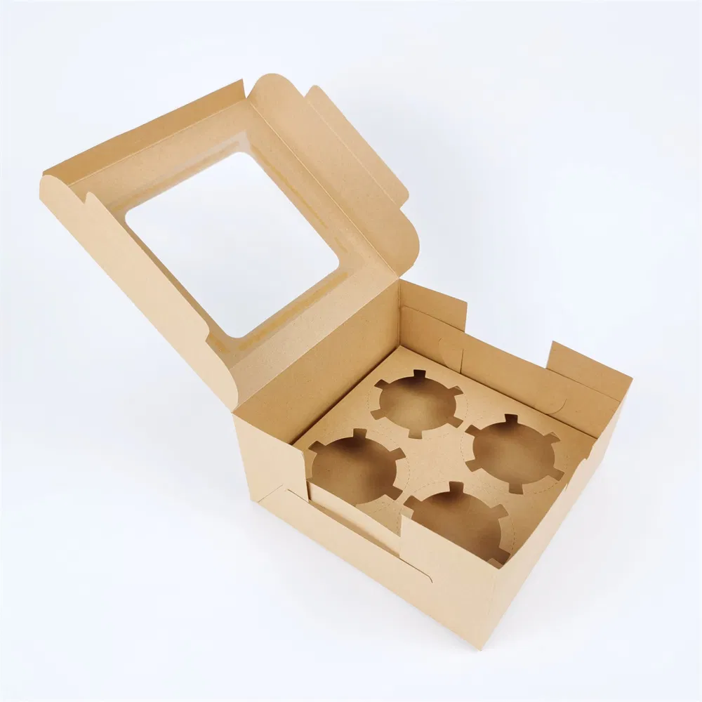 Custom Kraft Paper Box with Clear Window Recycle Paper Board Cardboard Gift Packaging Boxes Bakery for 4 Cup Cake