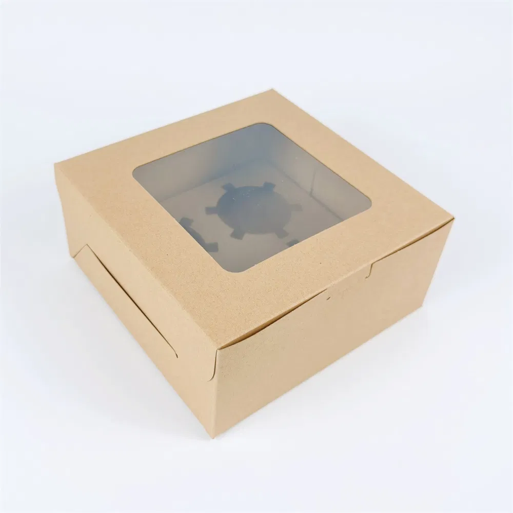 Custom Kraft Paper Box with Clear Window Recycle Paper Board Cardboard Gift Packaging Boxes Bakery for 4 Cup Cake