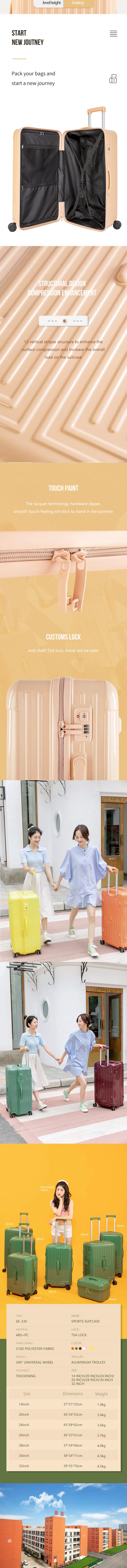 Orange Luggage 7sizes Suitcase with Cosmetic Bag Set