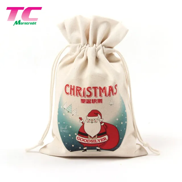 Promotional Custom Printed Plain Calico Gift Storage Dust Packing Bag Large 100% Natural Organic Cotton Canvas Christmas Drawstring Bags
