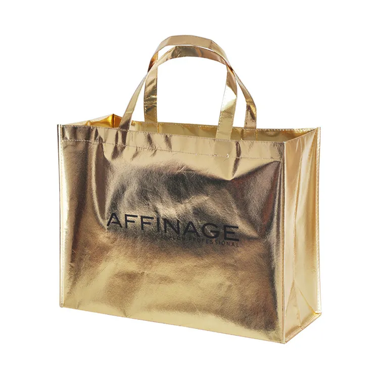Rose Gold Foil Gift Shopping Bags Promotional Non-Woven Stylish Present Glossy Reusable Grocery Tote Bag with Handle