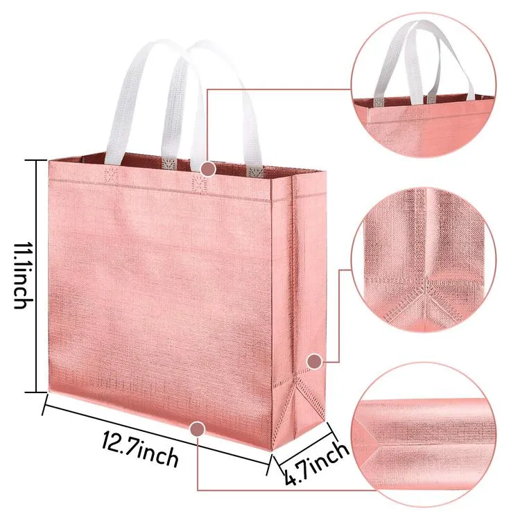Rose Gold Foil Gift Shopping Bags Promotional Non-Woven Stylish Present Glossy Reusable Grocery Tote Bag with Handle