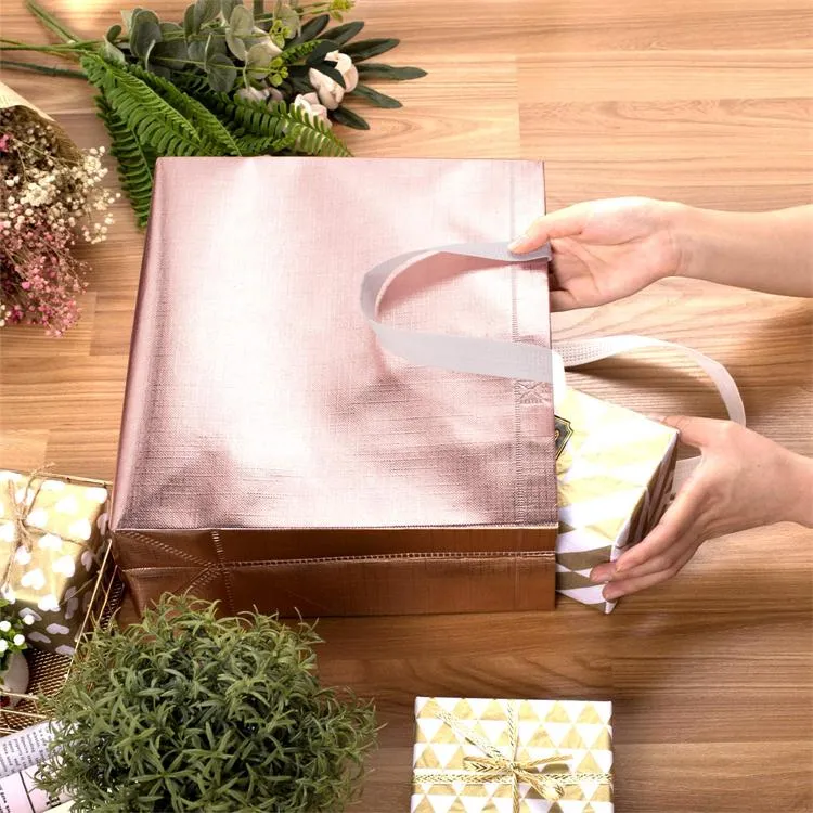 Rose Gold Foil Gift Shopping Bags Promotional Non-Woven Stylish Present Glossy Reusable Grocery Tote Bag with Handle