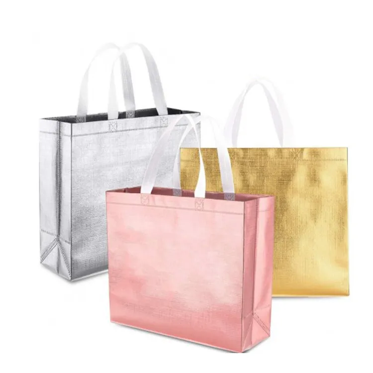 Rose Gold Foil Gift Shopping Bags Promotional Non-Woven Stylish Present Glossy Reusable Grocery Tote Bag with Handle