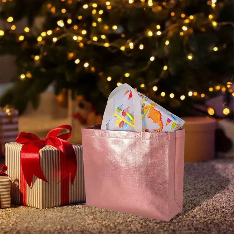 Rose Gold Foil Gift Shopping Bags Promotional Non-Woven Stylish Present Glossy Reusable Grocery Tote Bag with Handle