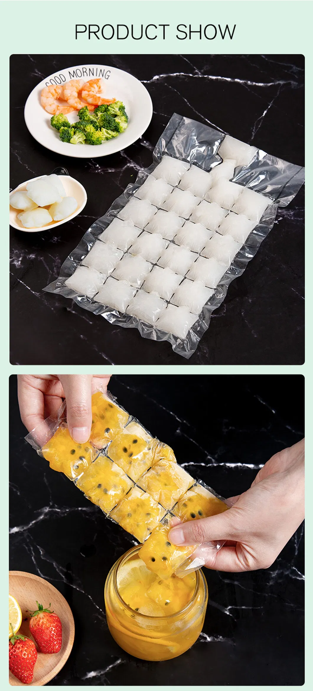 Transparent Poly Cold Seal Packaging Cubes Plastic Ice Cube Bags for Making Ice Cubes, Disposable PE Food Grade