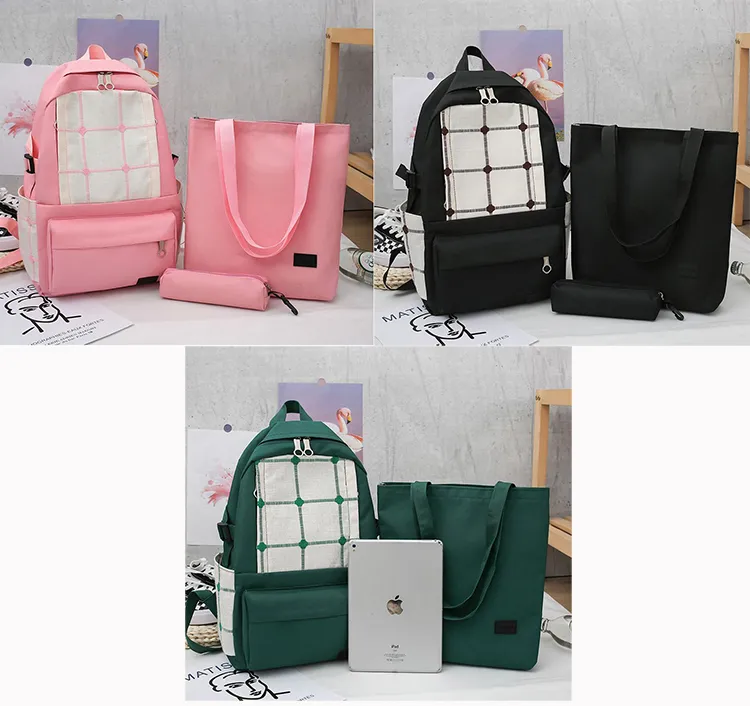 Wholesale Bookbag Checked Color Leisure Student Backpack Canvas School Bags Set