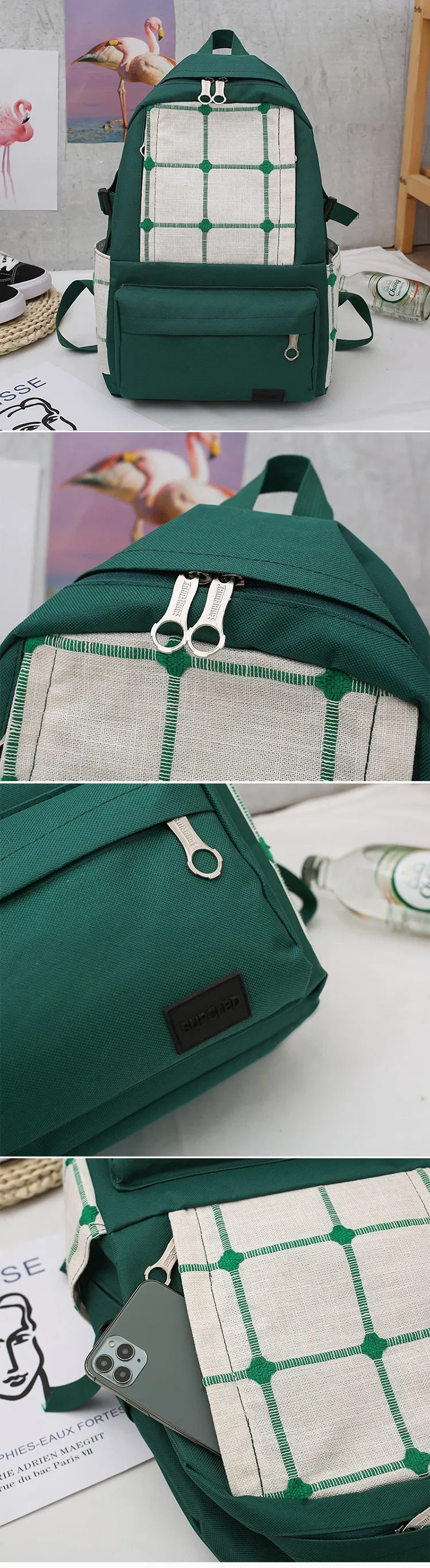 Wholesale Bookbag Checked Color Leisure Student Backpack Canvas School Bags Set