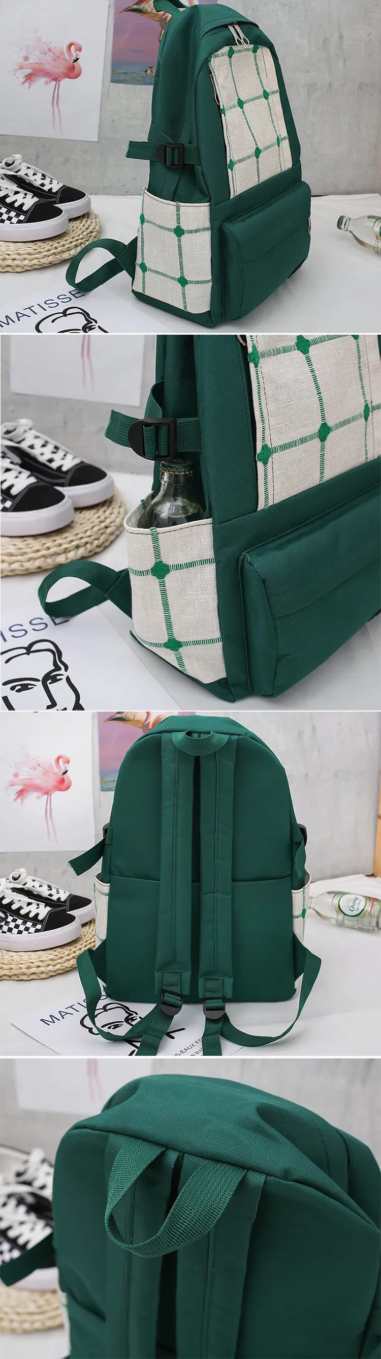 Wholesale Bookbag Checked Color Leisure Student Backpack Canvas School Bags Set