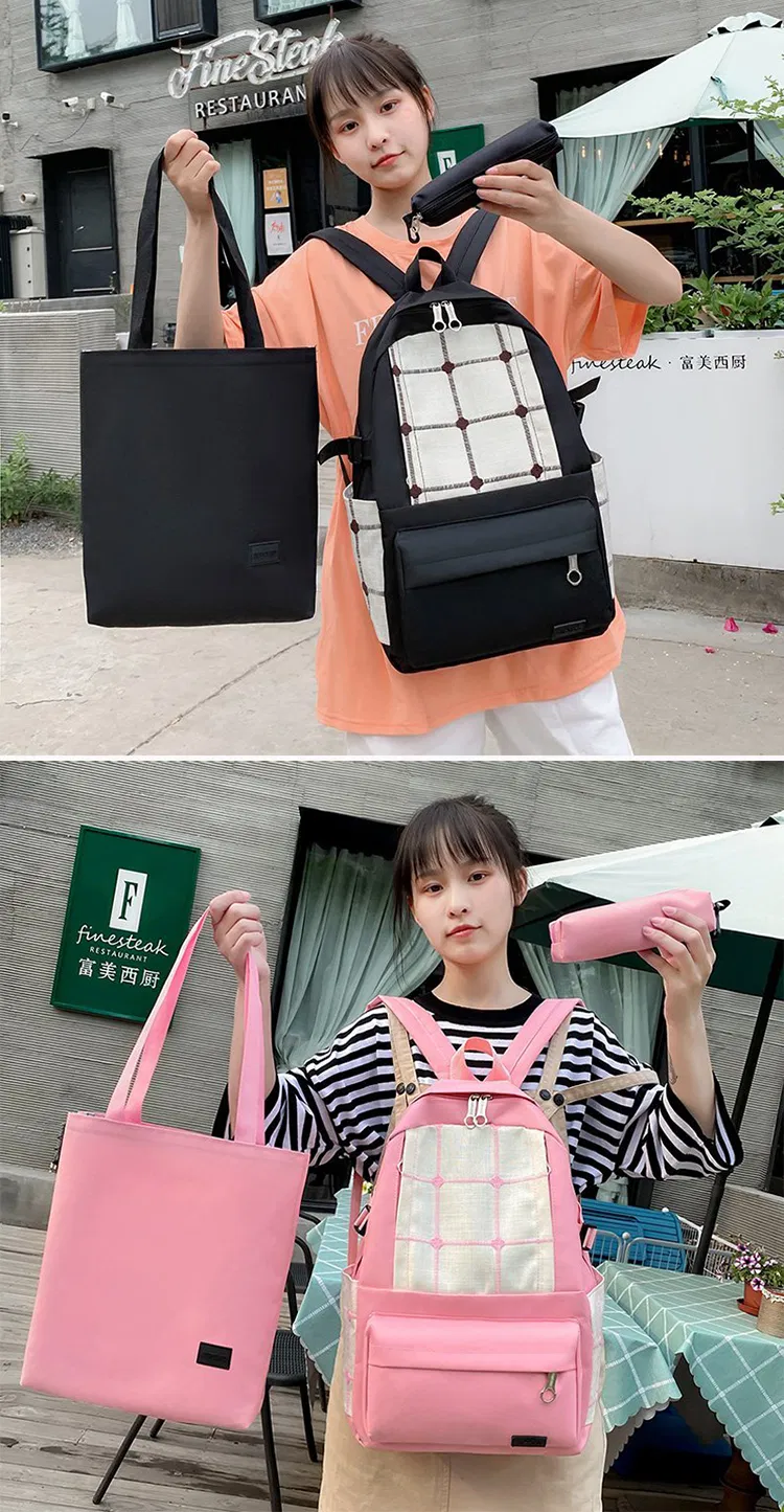 Wholesale Bookbag Checked Color Leisure Student Backpack Canvas School Bags Set