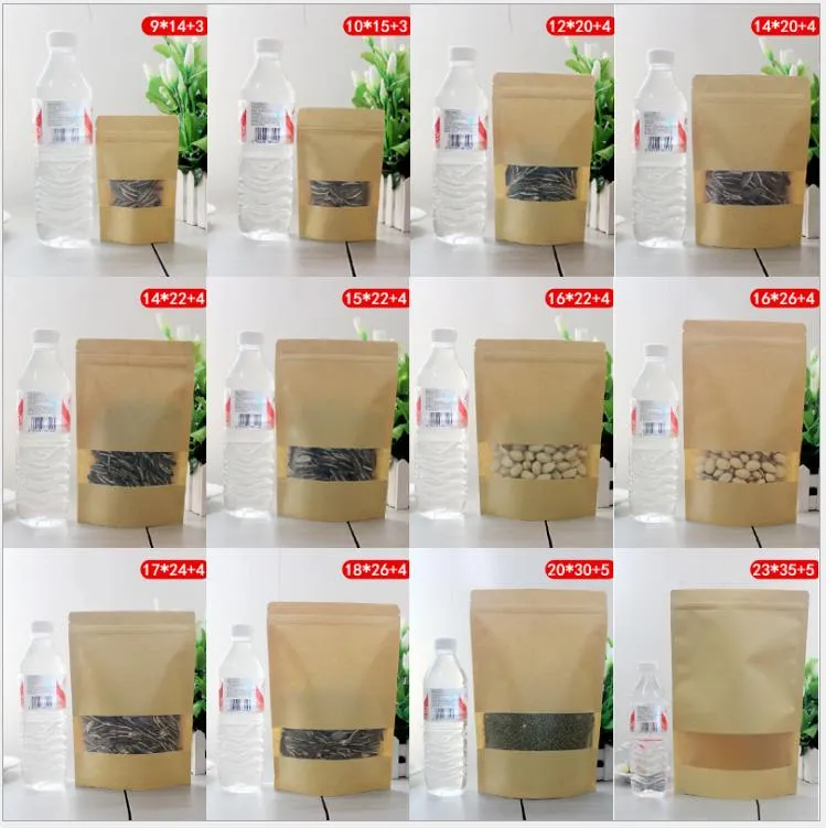 Ziplock Kraft Paper Bag with Transparent Window Food Packing Fancy Printing Kraft Paper Flat Bottom Sealable Bag with Clear Window