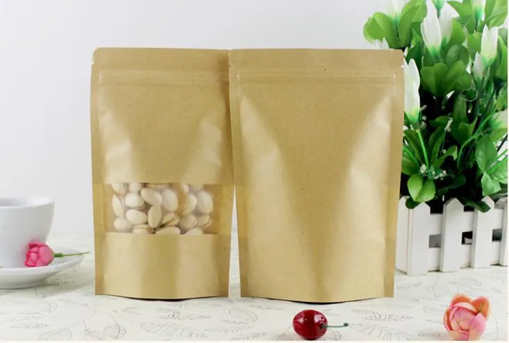 Ziplock Kraft Paper Bag with Transparent Window Food Packing Fancy Printing Kraft Paper Flat Bottom Sealable Bag with Clear Window