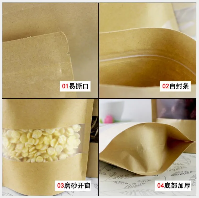 Ziplock Kraft Paper Bag with Transparent Window Food Packing Fancy Printing Kraft Paper Flat Bottom Sealable Bag with Clear Window